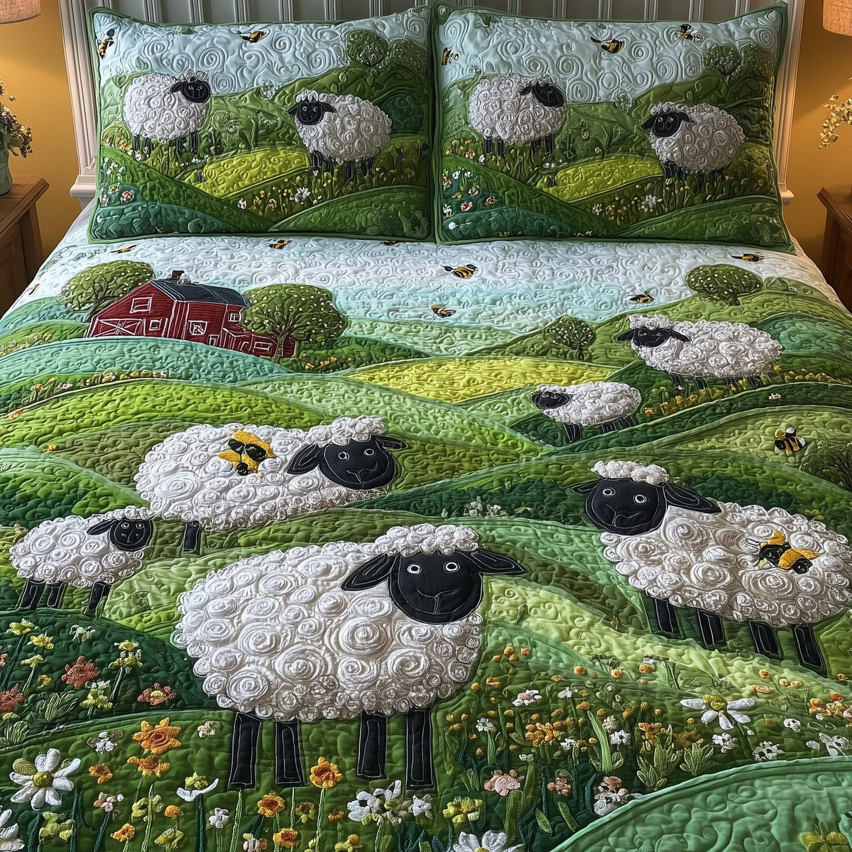 Sheep Mountain quilted 3-piece bedding set on a made bed with two matching pillow shams