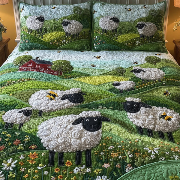 Sheep Mountain quilted 3-piece bedding set on a made bed with two matching pillow shams