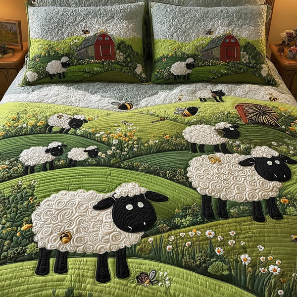 Sheep Mountain quilted 3-piece bedding set on a made bed with two matching pillow shams
