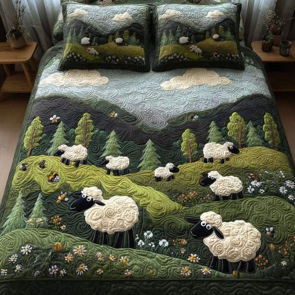 Sheep Mountain quilted 3-piece bedding set on a made bed with two matching pillow shams