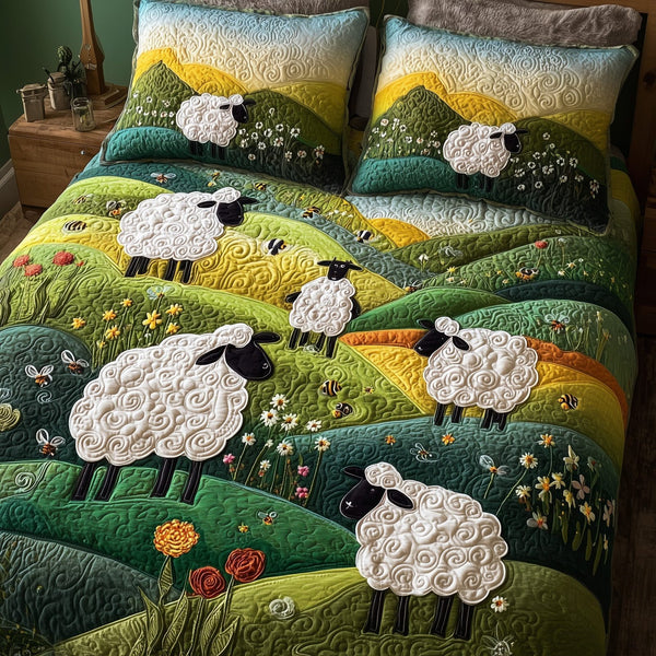 Sheep Mountain quilted 3-piece bedding set on a made bed with two matching pillow shams