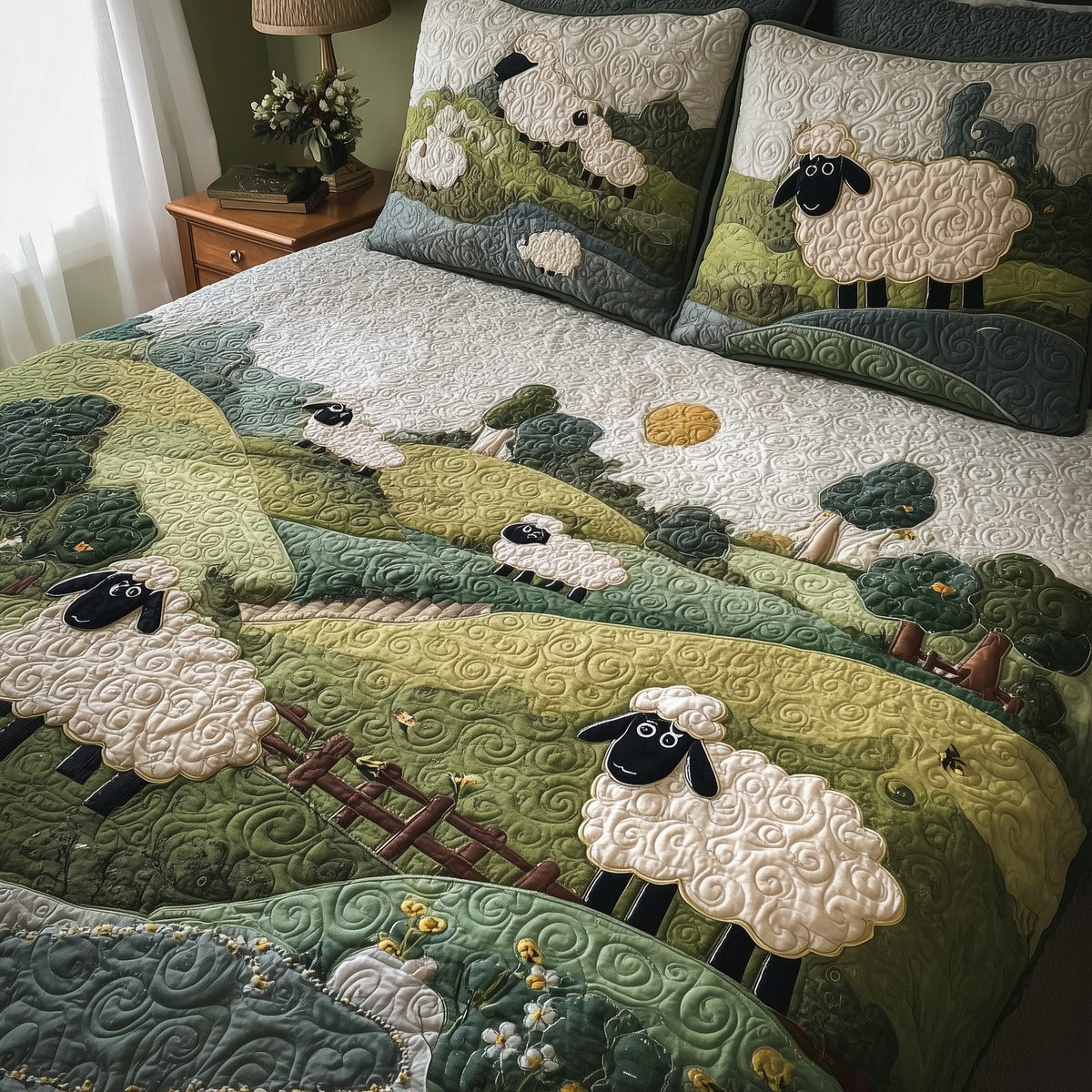 Sheep Mountain quilted 3-piece bedding set on a made bed with two matching pillow shams