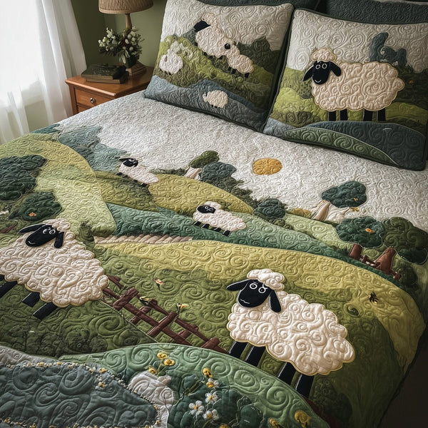Sheep Mountain quilted 3-piece bedding set on a made bed with two matching pillow shams