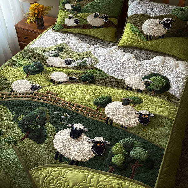 Sheep Mountain quilted 3-piece bedding set on a made bed with two matching pillow shams