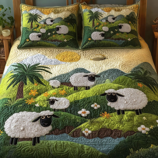 Sheep Mountain quilted 3-piece bedding set on a made bed with two matching pillow shams