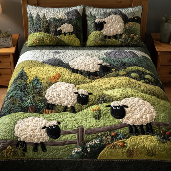 Sheep Mountain quilted 3-piece bedding set on a made bed with two matching pillow shams