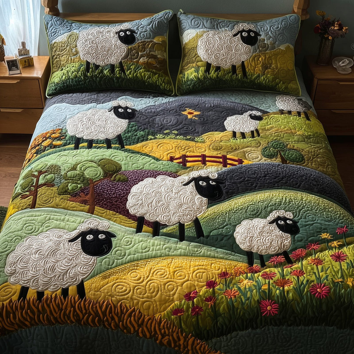 Sheep Mountain quilted 3-piece bedding set on a made bed with two matching pillow shams