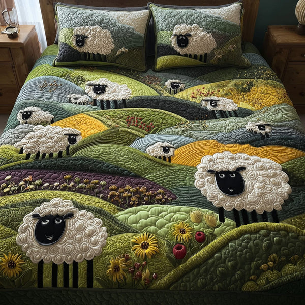 Sheep Mountain quilted 3-piece bedding set on a made bed with two matching pillow shams