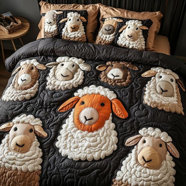 Sheep Pasture quilted 3-piece bedding set on a made bed with two matching pillow shams