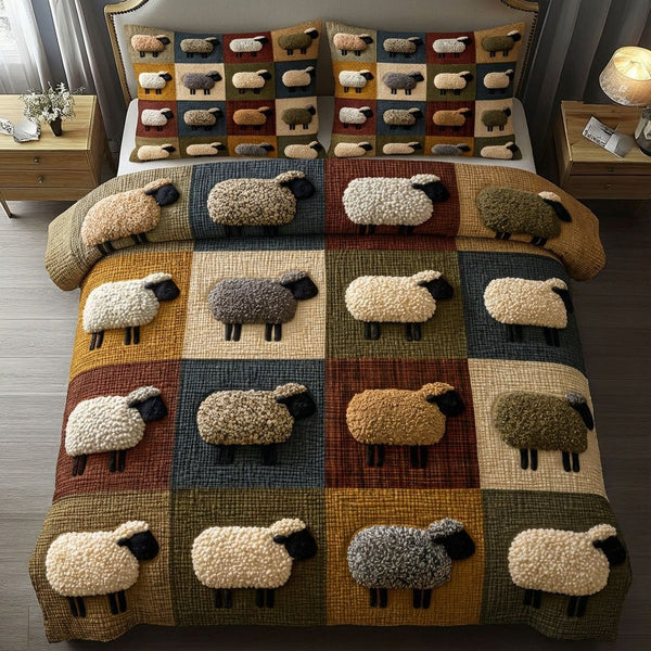 Sheep Patchwork quilted 3-piece bedding set on a made bed in a farmhouse bedroom