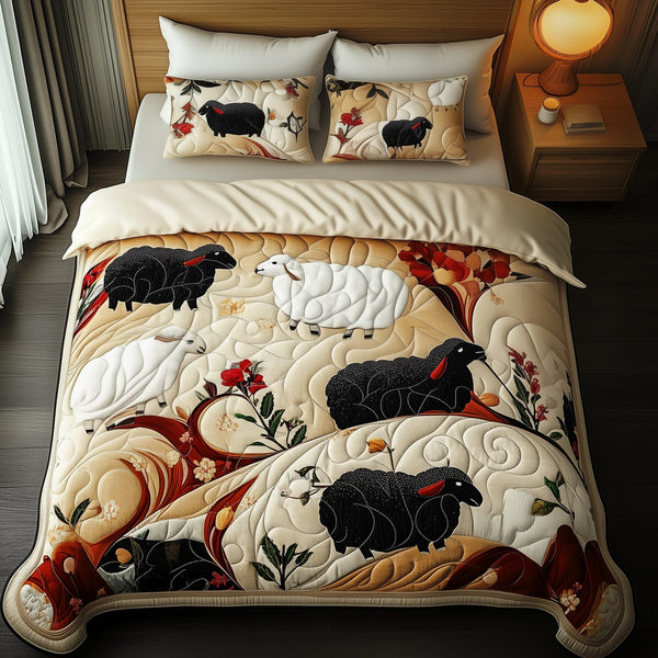 Sheep quilted 3-piece bedding set on a made bed with two matching pillow shams
