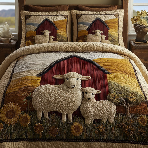 Sheep quilted 3-piece bedding set on a made bed with two matching pillow shams