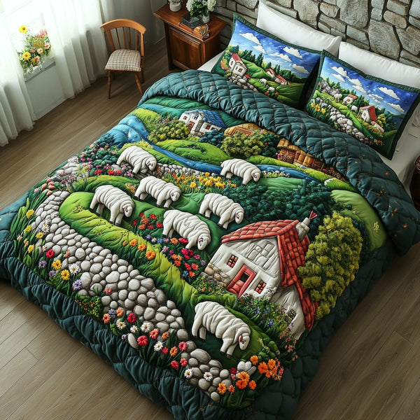 Sheep Rest quilted 3-piece bedding set on a made bed with two matching pillow shams