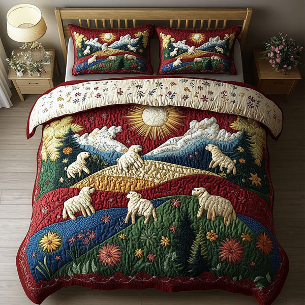 Sheep Whisper quilted 3-piece bedding set on a made bed with two matching pillow shams