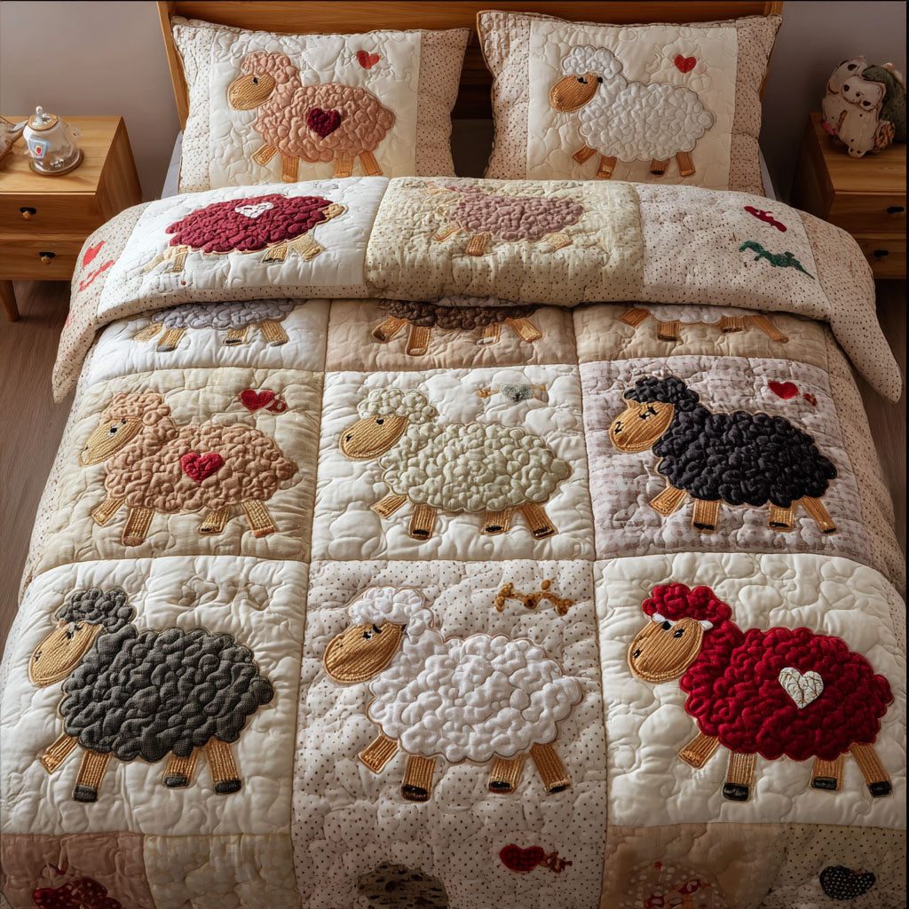 Sheepish Smiles quilted 3-piece bedding set on a made bed with two matching pillow shams
