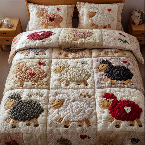 Sheepish Smiles quilted 3-piece bedding set on a made bed with two matching pillow shams