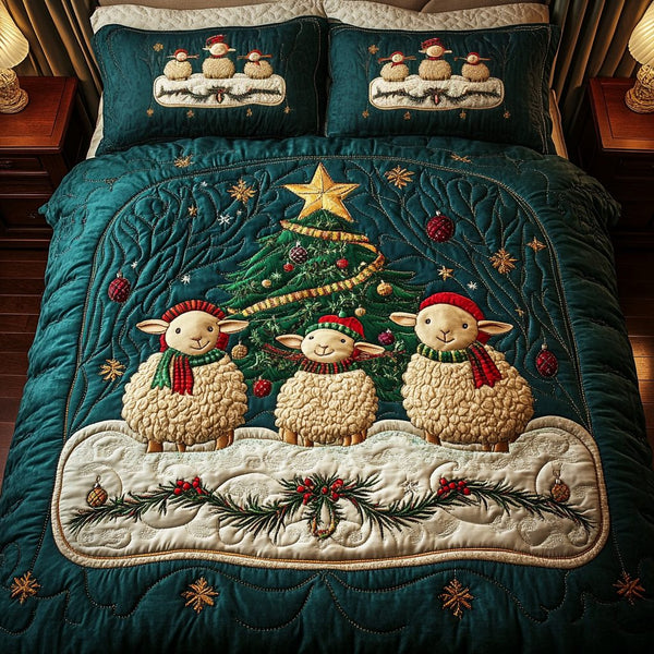 Sheepishly Festive quilted 3-piece bedding set on a made bed in a winter-styled bedroom