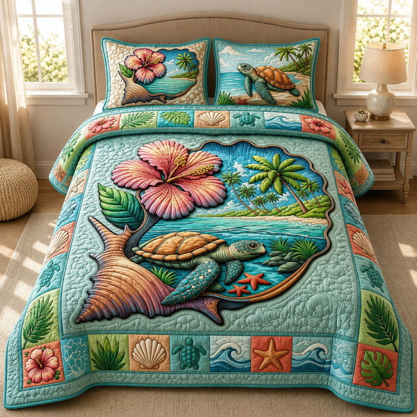 Shell Beach View quilted 3-piece bedding set on a made bed in a light coastal bedroom