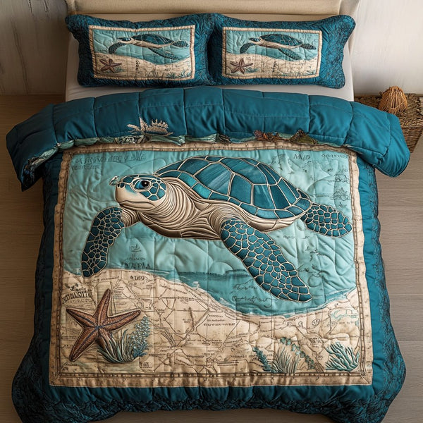 Shell Bliss quilted 3-piece bedding set on a made bed in a light coastal bedroom
