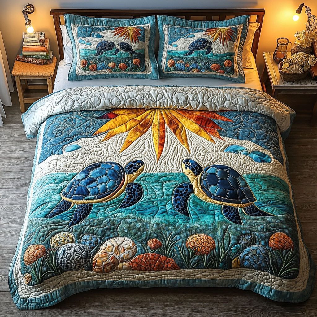 Shell Bliss quilted 3-piece bedding set on a made bed in a light coastal bedroom
