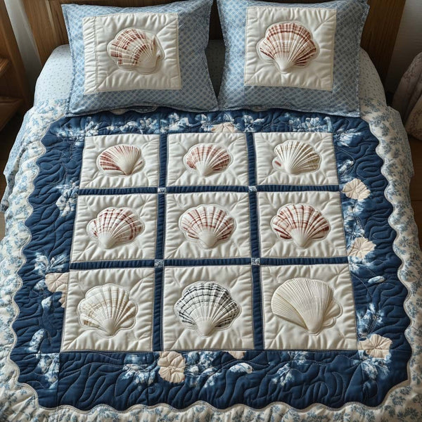 Shell Grid quilted 3-piece bedding set on a made bed in a light coastal bedroom