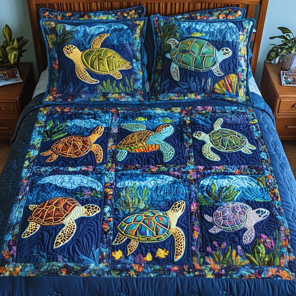 Shell Haven quilted 3-piece bedding set on a made bed in a light coastal bedroom