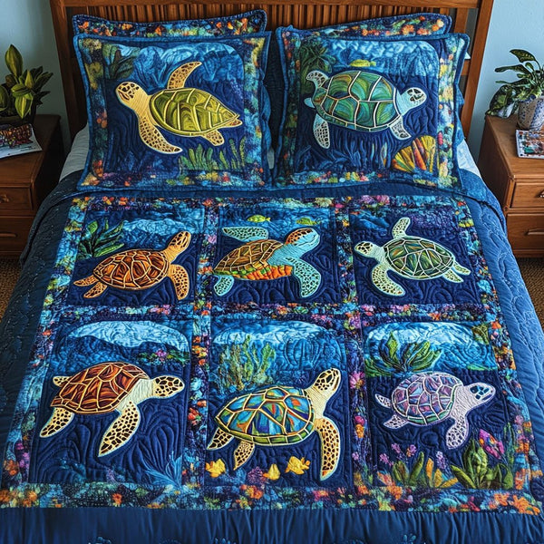 Shell Haven quilted 3-piece bedding set on a made bed in a light coastal bedroom