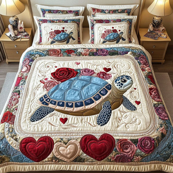 Shell of Love quilted 3-piece bedding set on a made bed in a light coastal bedroom