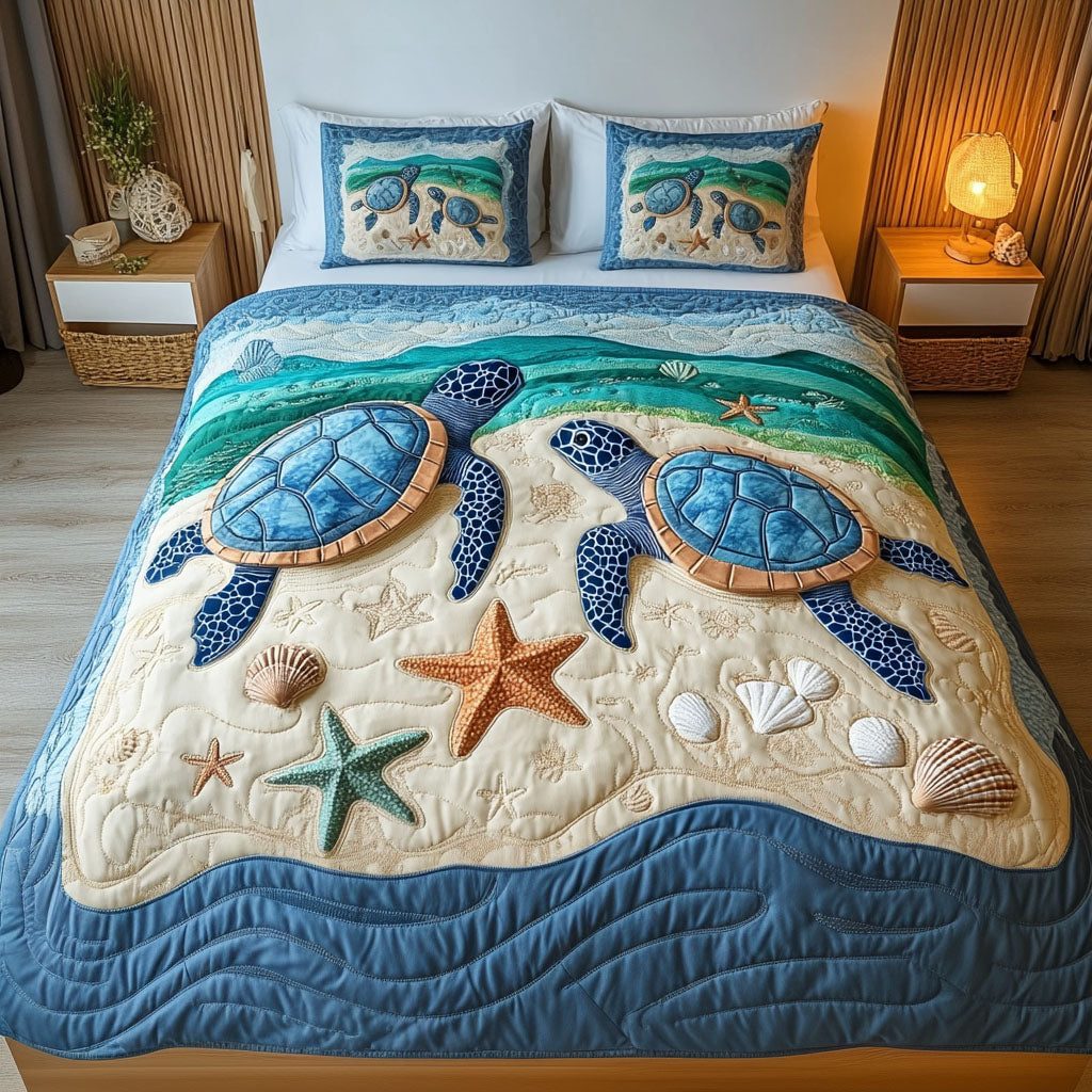 Shellbound Hearts quilted 3-piece bedding set on a made bed with two matching pillow shams