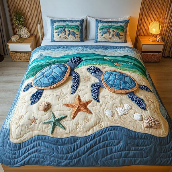 Shellbound Hearts quilted 3-piece bedding set on a made bed with two matching pillow shams