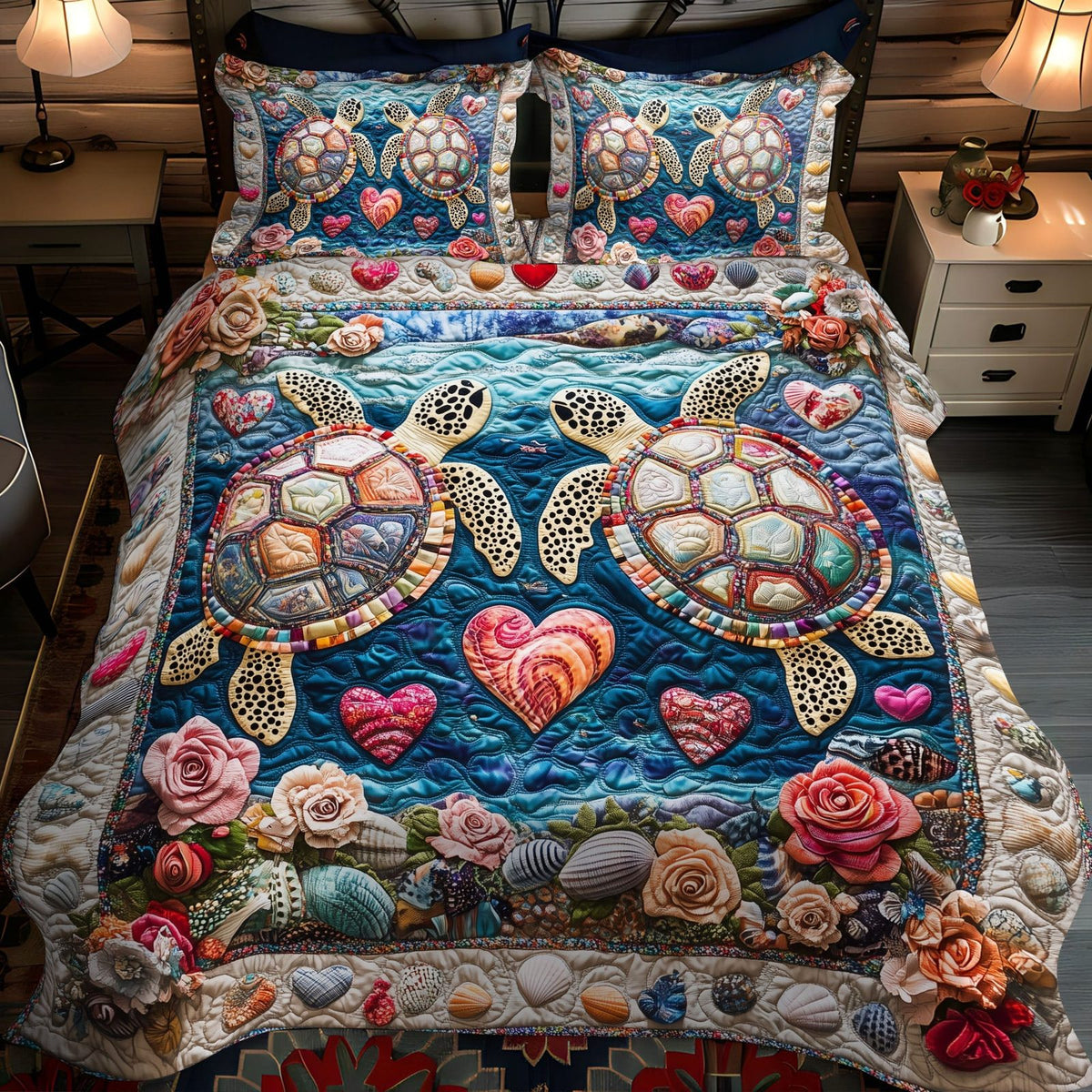 Shellmates Forever quilted 3-piece bedding set on a made bed with two matching pillow shams