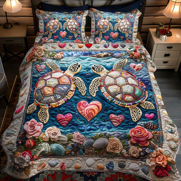 Shellmates Forever quilted 3-piece bedding set on a made bed with two matching pillow shams