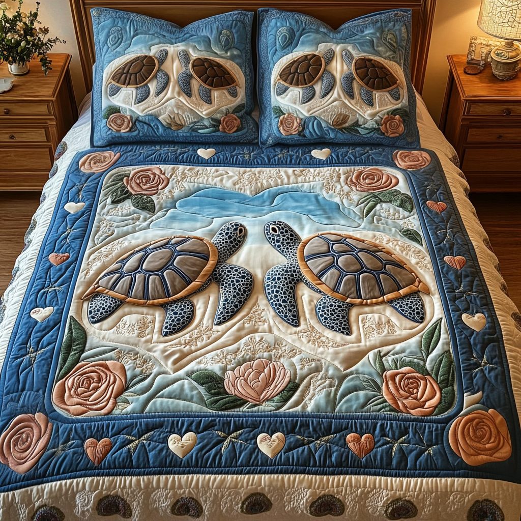 Shellmates quilted 3-piece bedding set on a made bed with two matching pillow shams