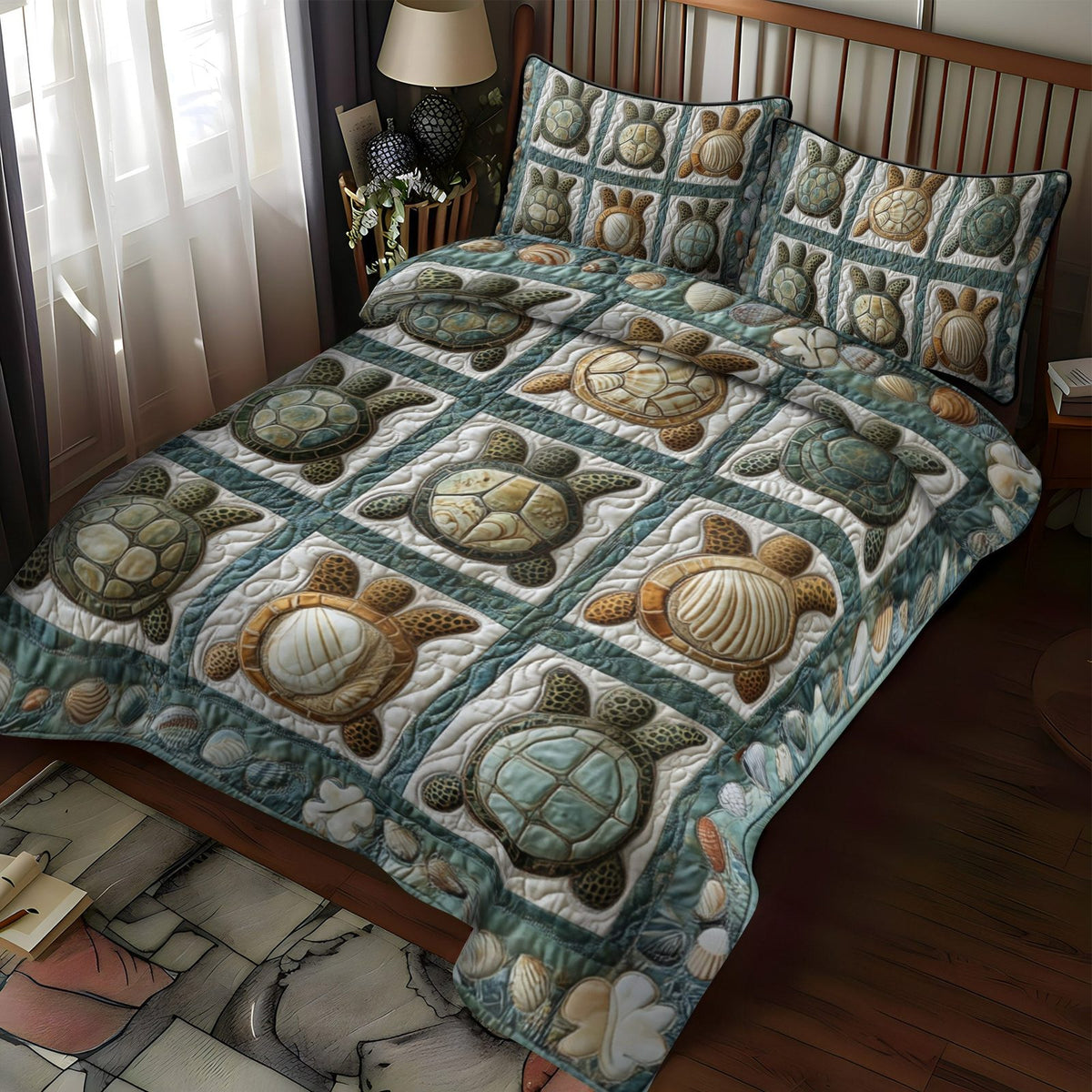 Shellscape Adventure quilted 3-piece bedding set on a made bed in a winter-styled bedroom