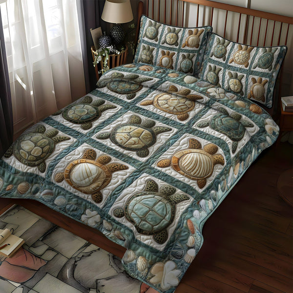 Shellscape Adventure quilted 3-piece bedding set on a made bed in a winter-styled bedroom