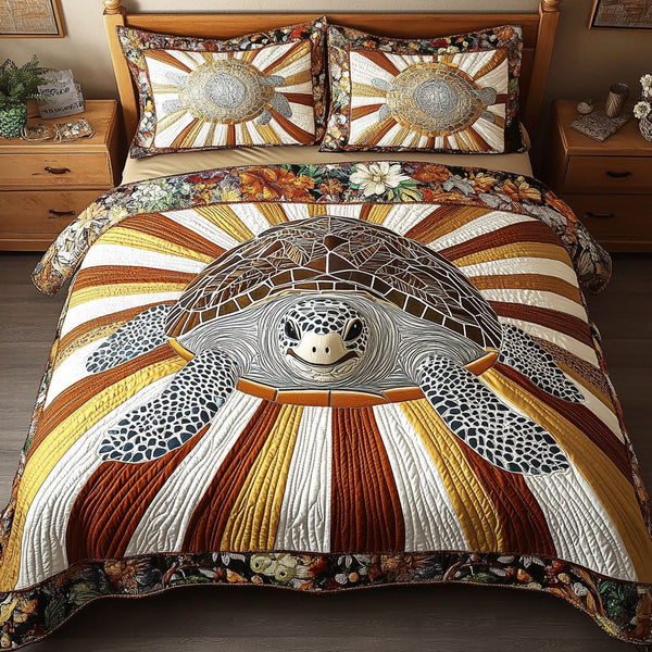 Sheltered Harmony quilted 3-piece bedding set on a made bed with two matching pillow shams
