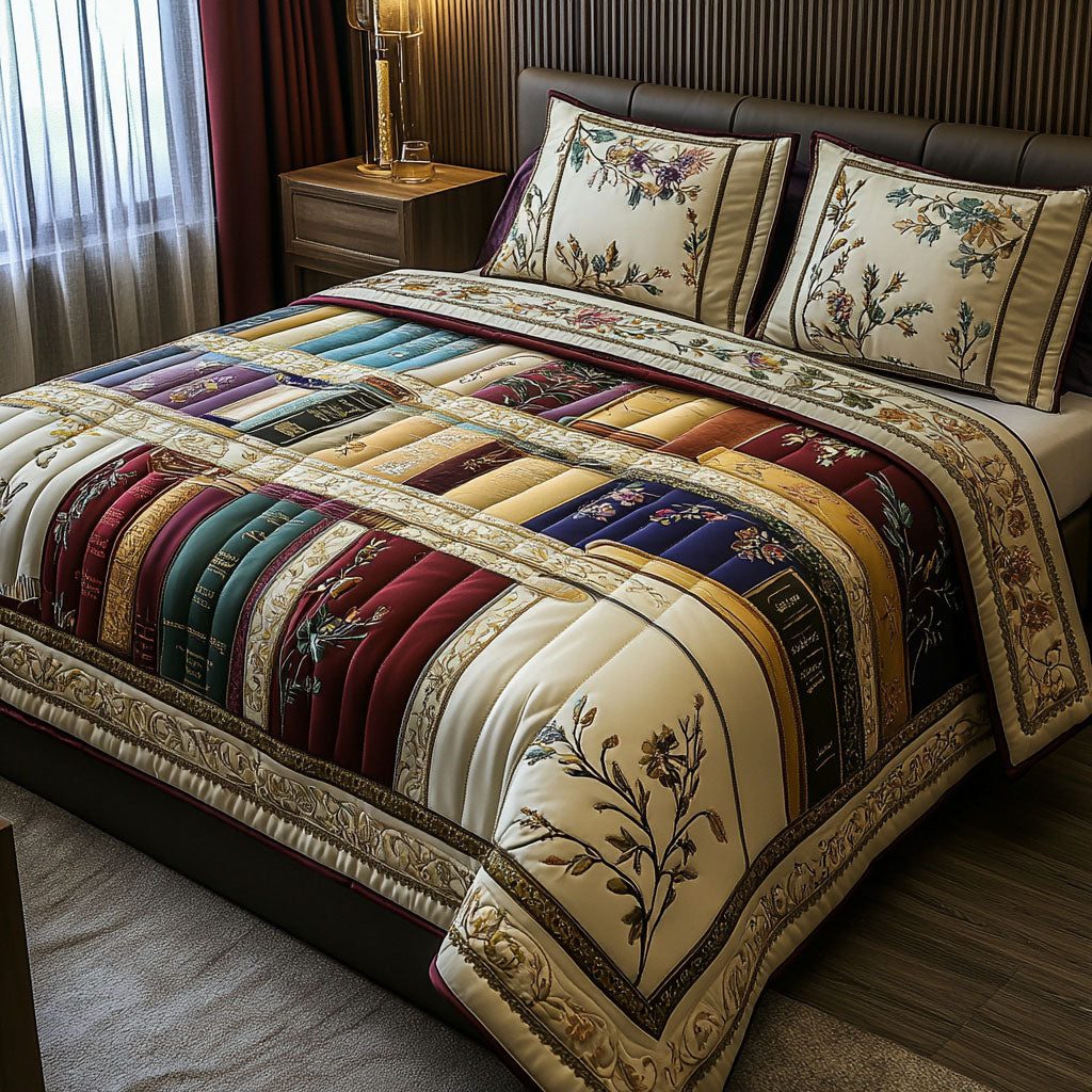 Shelved Serenity quilted 3-piece bedding set on a made bed with two matching pillow shams