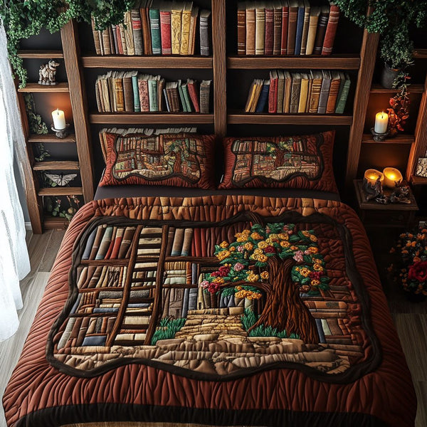 Shelves and Stories quilted 3-piece bedding set on a made bed with two matching pillow shams