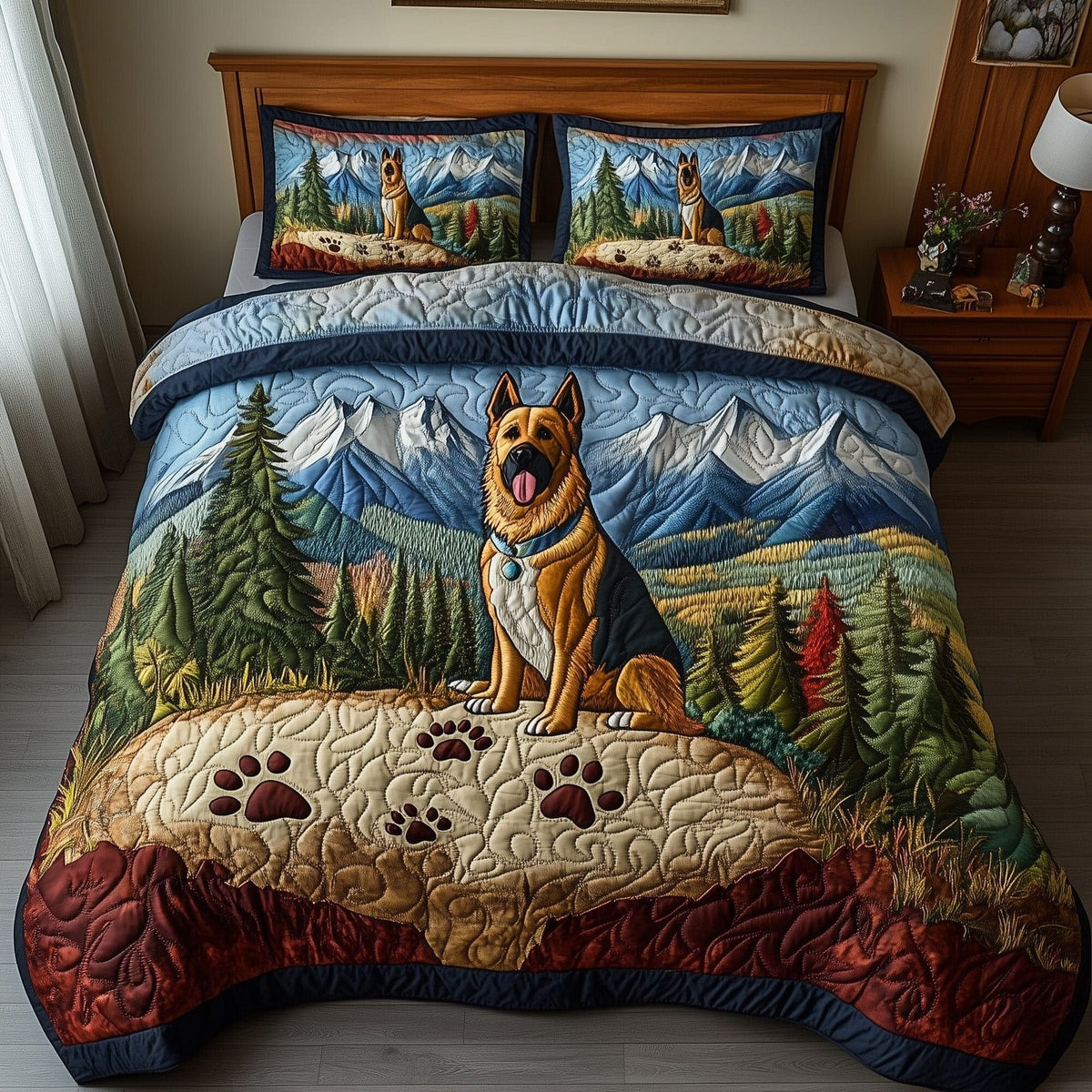 Shepherd Trail Journey quilted 3-piece bedding set on a made bed with two matching pillow shams