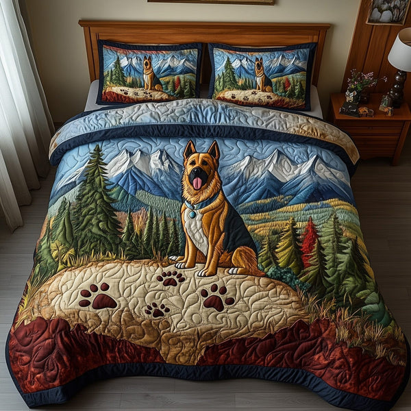 Shepherd Trail Journey quilted 3-piece bedding set on a made bed with two matching pillow shams