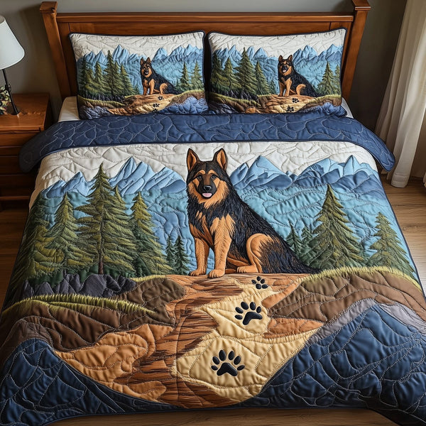 Shepherd Trail Journey quilted 3-piece bedding set on a made bed with two matching pillow shams