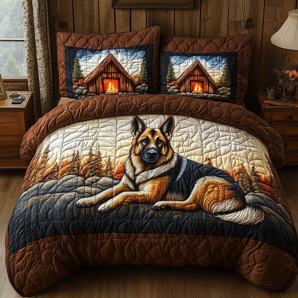 Shepherd Watch quilted 3-piece bedding set on a made bed with two matching pillow shams