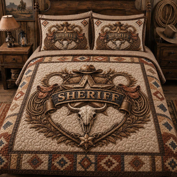 Sheriff Ridge quilted 3-piece bedding set on a made bed with two matching pillow shams
