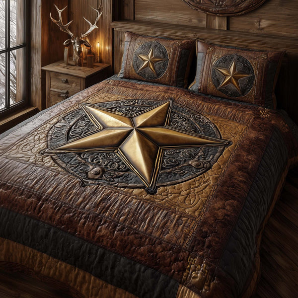 Sheriff Star quilted 3-piece bedding set on a made bed with two matching pillow shams