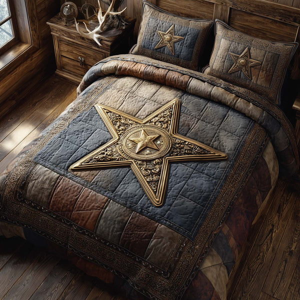 Sheriff Star quilted 3-piece bedding set on a made bed with two matching pillow shams