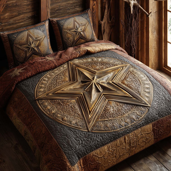 Sheriff Star quilted 3-piece bedding set on a made bed with two matching pillow shams