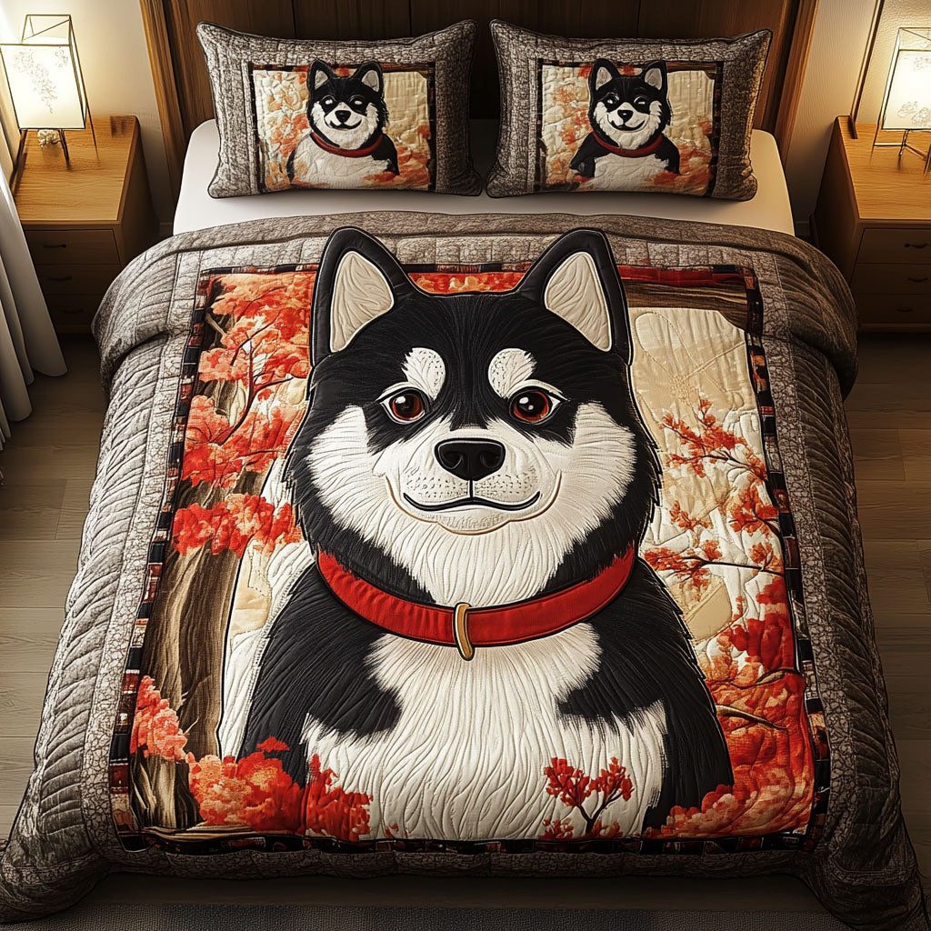 Shiba Autumn Charm quilted 3-piece bedding set on a made bed with two matching pillow shams