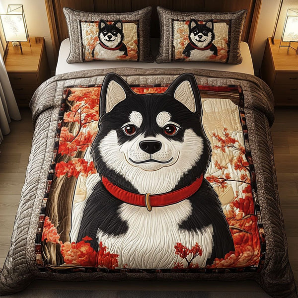 Shiba Autumn Charm quilted 3-piece bedding set on a made bed with two matching pillow shams