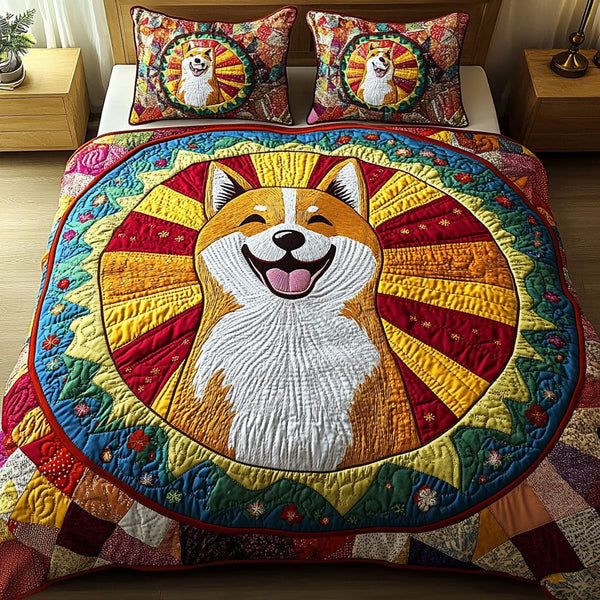 Shiba Color Burst quilted 3-piece bedding set on a made bed with two matching pillow shams