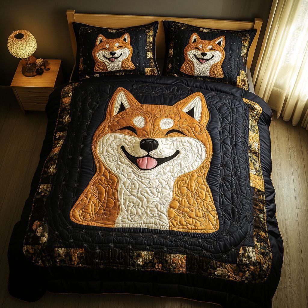 Shiba Dark Glow quilted 3-piece bedding set on a made bed with two matching pillow shams